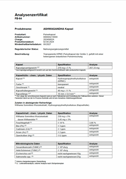 Analysezertifikat Ashwagandha von Casimir, Laborprüfung, Seite 1