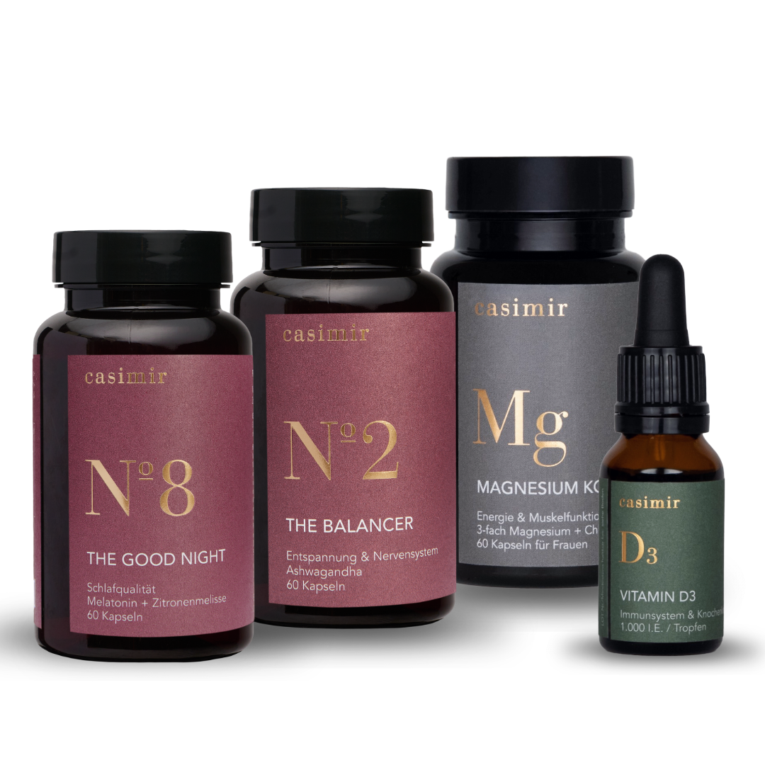 casimir Schlaf Set mit Schlaf Komplex + Melatonin, Magnesium Komplex, Ashwagandha und Vitamin D3