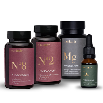 casimir Schlaf Set mit Schlaf Komplex + Melatonin, Magnesium Komplex, Ashwagandha und Vitamin D3